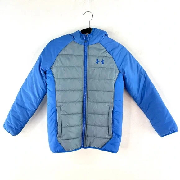 Under Armour Blue and Gray Youth Hooded Puffer Jacket Size M - Picture 1 of 13